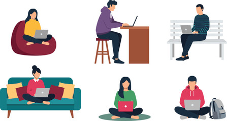 Set of six young people sitting in different comfortable poses using laptops for work and study flat vector illustration.