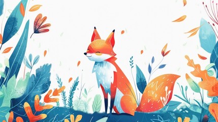 Watercolor fox with orange fur standing among colorful leaves and plants illustration