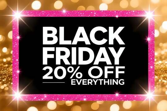 Black Friday 20% Off Everything Sale Banner on Gold Bokeh Background