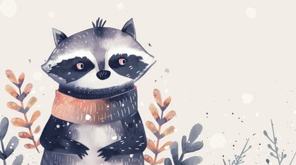 Cute watercolor raccoon wearing striped scarf with decorative plants on light background