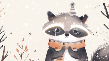 Cute watercolor raccoon wearing striped scarf with decorative plants on light background