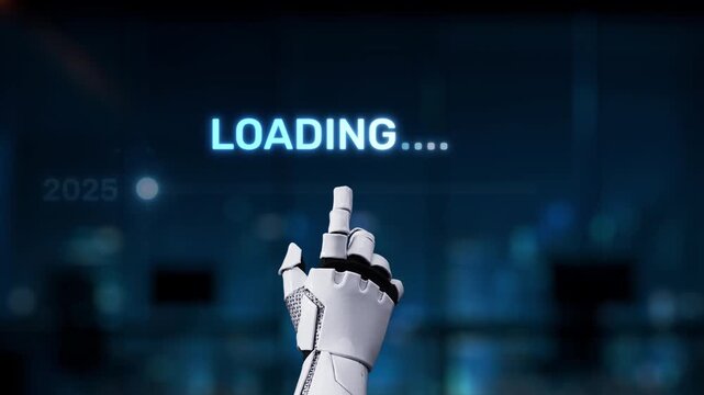 A sleek robotic hand interacts with a digital loading bar, visualizing the transition from 2025 to 2026, representing the future of technology and innovation. Synapse
