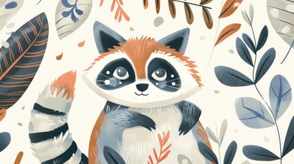 Cute hand drawn raccoon surrounded by decorative leaves on light background illustration