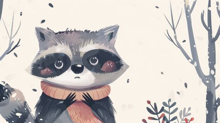 Cute watercolor raccoon wearing striped scarf with decorative plants on light background