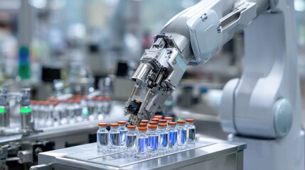 In a high tech pharmaceutical plant a robotic arm carefully picks up glass vials filled with liquid. The setting shows a clean organized workspace focused on efficiency and precision.