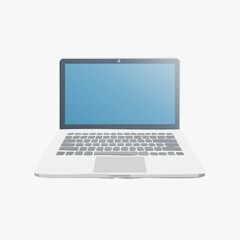 A modern silver laptop computer with a blank blue screen, isolated on a white background. Vector illustration of a portable electronic device for work or study