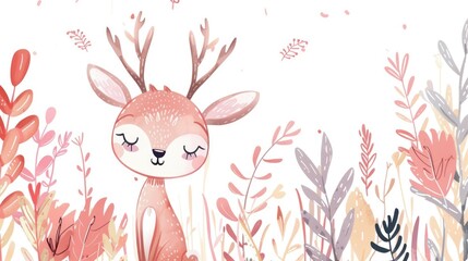 Watercolor deer with antlers standing in autumn forest with trees isolated on white background