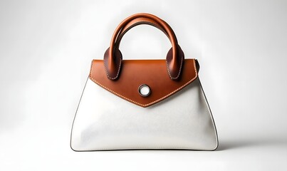 Two-tone handbag with brown flap and off-white body, circular clasp, rounded handles, elegant and modern.