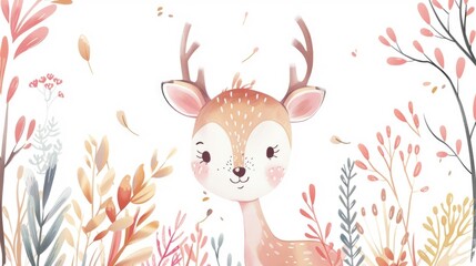 Watercolor deer with antlers standing in autumn forest with trees isolated on white background