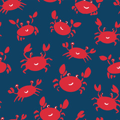 Vector repeating pattern with happy red crabs on dark navy blue background. Surface pattern for coastal, swim, poolside, crab seafood restaurant backdrop
