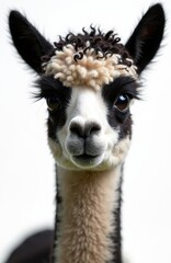 Naklejka premium Close up portrait of llama against white backdrop. Cute alpaca face has white fur. Animal looks at camera in studio. Fluffy wool coat is seen. Farm animal isolated. Mammal in zoo.