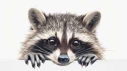 Cute detailed raccoon peeking over edge with fluffy fur on white background