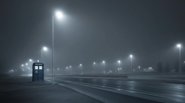 Night street scene with illuminated lampposts and a telephone booth