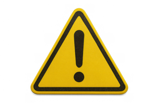Yellow warning triangle with a black exclamation mark serving as a danger, caution, and hazard symbol. Transparent background
