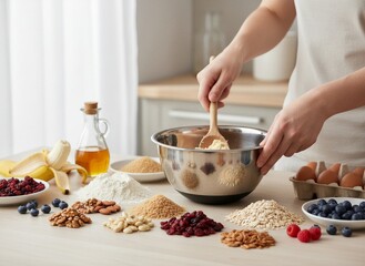 Hands mixing baking ingredients in a stainless steel bowl with a wooden spoon, surrounded by flour, sugars, nuts, berries, and oats on a light kitchen table.