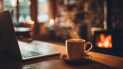 A laptop is open on a wooden table with a white coffee cup on top of a saucer. The steam from the coffee cup is rising, creating a cozy atmosphere