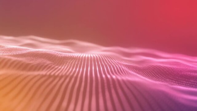 Abstract futuristic technology background with a flowing digital wave of glowing particles and a vibrant orange to pink gradient
