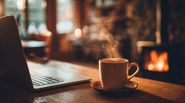 A laptop is open on a wooden table with a white coffee cup on top of a saucer. The steam from the coffee cup is rising, creating a cozy atmosphere - Powered by Adobe