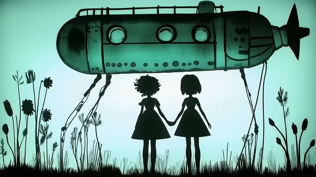 Surreal Shadow Play: Two Girls and a Hovering Submarine in a Dreamy Landscape