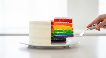 Colorful rainbow layer cake with white frosting being served on plate