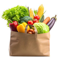 Close up of shopping paper bag full with fruit and vegetables isolated on transparent background