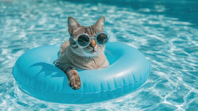 A cat lounges on a blue inflatable ring in a sunny pool wearing stylish sunglasses. The water sparkles around the relaxed feline creating a fun summer vibe. - Powered by Adobe