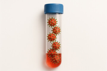 Red virus particles in a test tube with red liquid. Space for text.