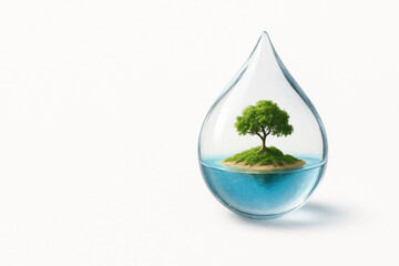 An island with a tree inside a drop of water. Space for text.