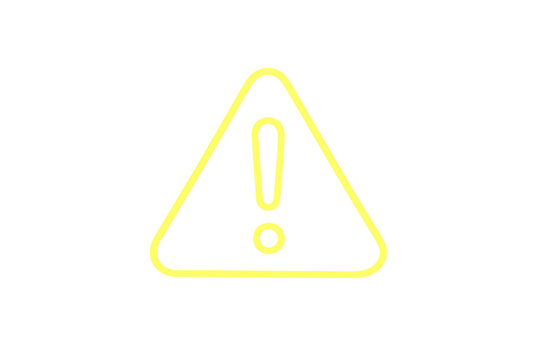 Neon warning sign icon glowing yellow, creating alert messages for danger, caution, and notification, transparent background