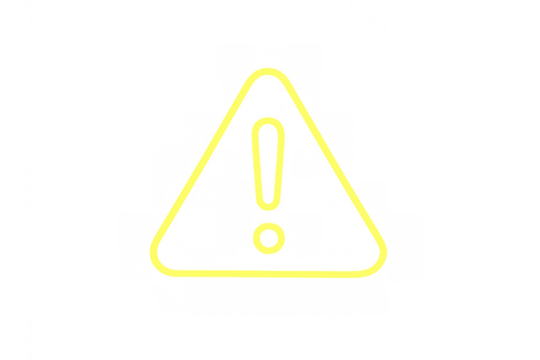 Neon warning sign icon glowing yellow, creating alert messages for danger, caution, and notification, transparent background