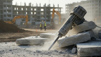A jackhammer breaking concrete at a large construction site representing labor strength industrial change and progress in modern infrastructure projects