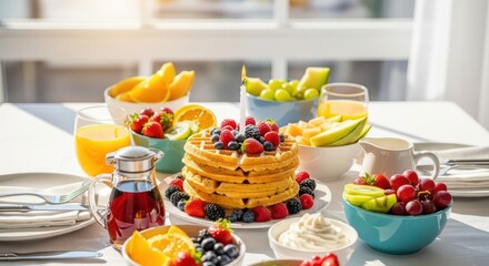 Delicious fruit breakfast with waffles, juice, and syrup on a sunny morning table