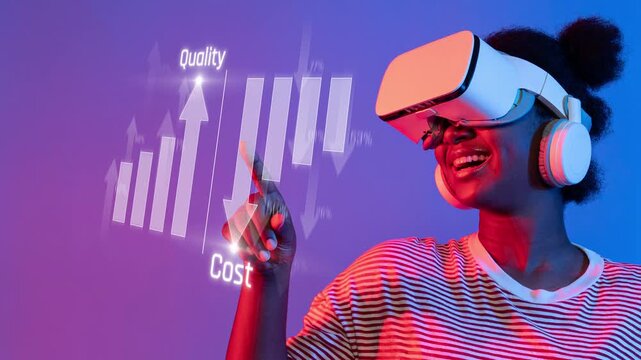 A joyful woman uses a virtual reality headset, interacting with colorful data visualizations showcasing cost and quality indicators, exemplifying excitement in technology. Raster
