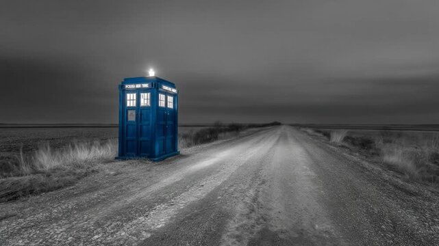 Blue booth on road at night with blurred lights and black and white background