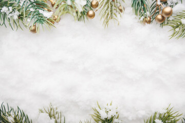 festive holiday decoration, seasonal card design showcasing snowy scene with golden holiday accents