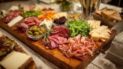 An attractive wooden platter is filled with an assortment of cured meats cheese olives and fresh greens at a social event. The vibrant colors create a festive atmosphere.