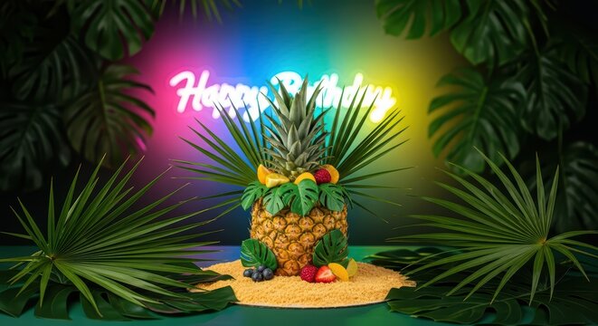Exotic pineapple cake with tropical fruits and neon happy birthday sign