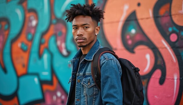 Young Black man with dreadlocks stands in front of vibrant graffiti wall. Wears stylish blue denim jacket, black backpack. Urban street art covers background. Youth shows cool city fashion, modern - Powered by Adobe