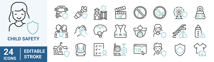 Child Safety line web icon set with protection, guarding, violence, abuse, neglect, quality education.