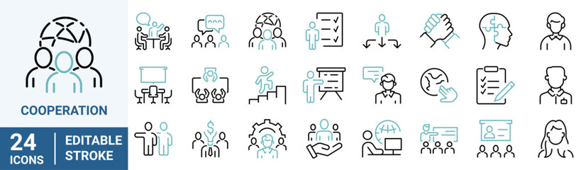 Cooperation web line icons. Organization, Containing people group, company, leadership, teamwork, networking, business, team, collaboration.
