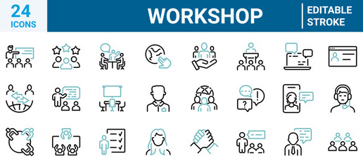 Workshop web icons in line style. Business. Containing team building, teamwork, coaching, meeting, managing, coaching.