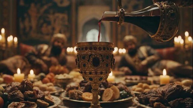 Opulent Middle Eastern feast with rich wine pouring ceremony.