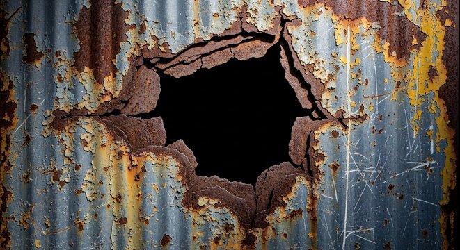 A large, irregular hole in heavily rusted and peeling corrugated metal with remnants of blue and yellow paint.