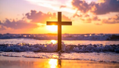 A serene sunrise with a cross standing in the ocean's embrace creating a tranquil scene