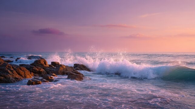 Waves crash against a rocky shoreline as the sun sets painting the sky with shades of pink and purple. The scene creates a tranquil atmosphere by the ocean.