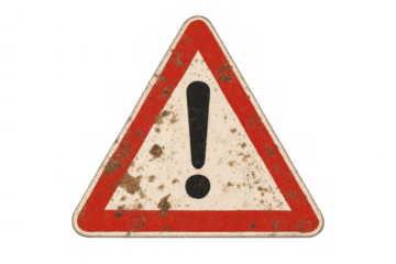 Dirty and rusty yellow triangle warning sign with exclamation mark symbol, indicating danger or caution on transparent background