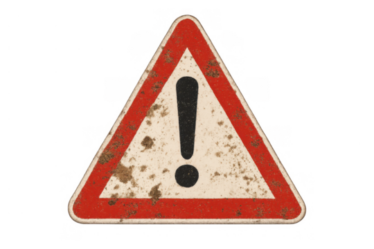 Dirty and rusty yellow triangle warning sign with exclamation mark symbol, indicating danger or caution on transparent background