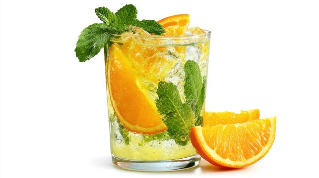 A vibrant drink combines orange slices mint leaves and ice in a glass creating a refreshing summer beverage perfect for warm days and celebrations.