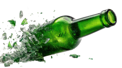 Shattering green glass bottle exploding into fragments showing dynamic motion destruction impact broken pieces and dramatic high speed crash effect on white background

