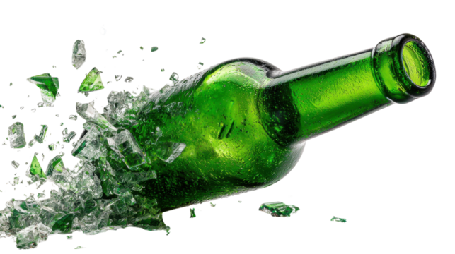 Shattering green glass bottle exploding into fragments showing dynamic motion destruction impact broken pieces and dramatic high speed crash effect on white background
